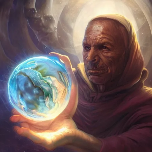 Image similar to the creator of worlds wearing a cloak and holding a holographic planet projection in his hand, detailed, sci - fi, digital painting, artstation, sharp focus, illustration, ominous, artgerm, tomasz alen kopera, peter mohrbacher, donato giancola, joseph christian leyendecker, wlop, frank frazetta