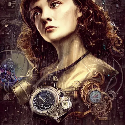Prompt: portrait of a woman as sherlock Holmes with wavy hair as an epic idea, intricate detail, digital painting, ,metric, gears, watches, steampunk, face enhance, glowing eye, biomechanical, trash polka, raining, sepia, particles floating, whimsical background by marc simonetti, artwork by ross tran + ramond swanland + liam wong +mike winklemann + wlop