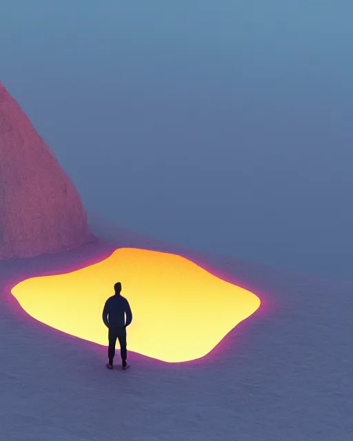 Image similar to a man standing in the middle of a mountain looking at a glowy shape, a render by filip hodas, behance contest winner, environmental art, rendered in cinema 4 d, volumetric lighting