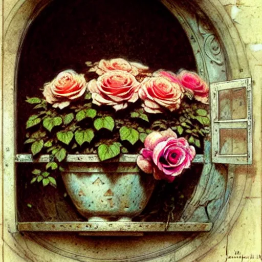 Prompt: ( ( ( ( ( intricate window with roses flower pot. muted colors. ) ) ) ) ) by jean - baptiste monge!!!!!!!!!!!!!!!!!!!!!!!!!!!