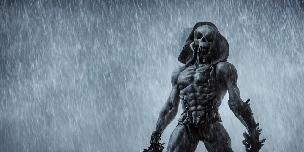 Image similar to skeletor fighting he - man, fog on the ground, heavy rain, lightning, moody lighting, shallow depth of field,