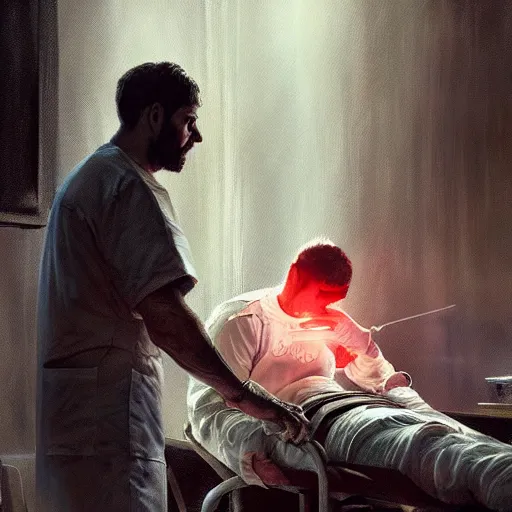 Image similar to A surgeon desperately trying to save his patient, oil painting by Cedric Peyravernay, highly detailed, cinematic concept art, dramatic lighting