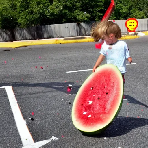 Image similar to a watermelon smashing against a stop sign. Watermelon bits flying everywhere.