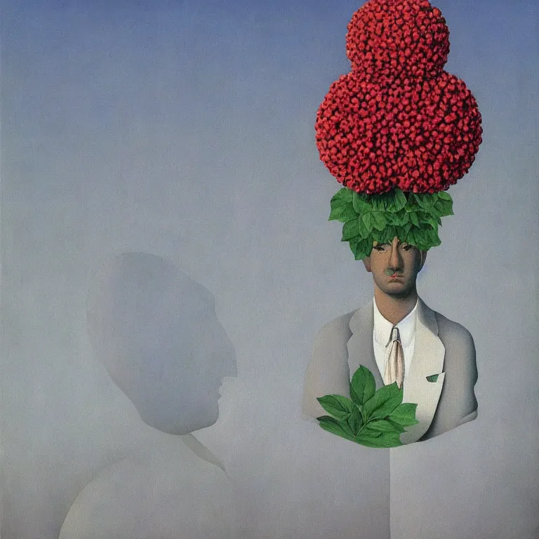 Prompt: portrait of a faceless beautiful flower - head man by rene magritte, detailed painting, distance, centered, hd, hq, high resolution, high detail, 4 k, 8 k