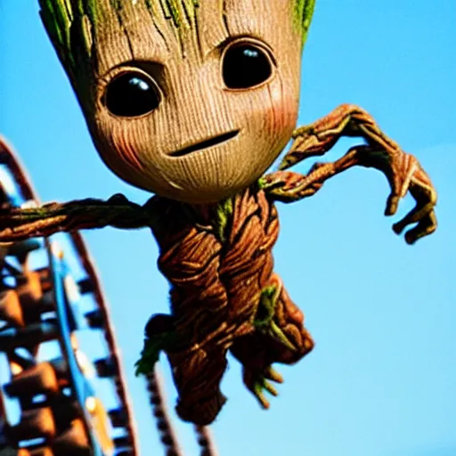 Prompt: baby groot riding a roller coaster