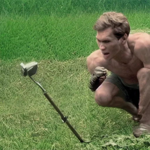 Image similar to Live Action Still of Jerma in Caddyshack, real life, hyperrealistic, ultra realistic, realistic, highly detailed, epic, HD quality, 8k resolution, body and headshot, film still