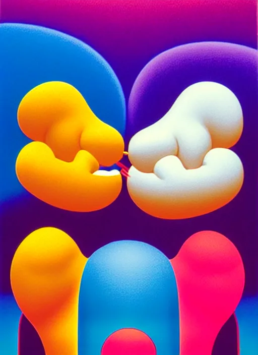 Image similar to kissing by shusei nagaoka, kaws, david rudnick, airbrush on canvas, pastell colours, cell shaded!!!, 8 k
