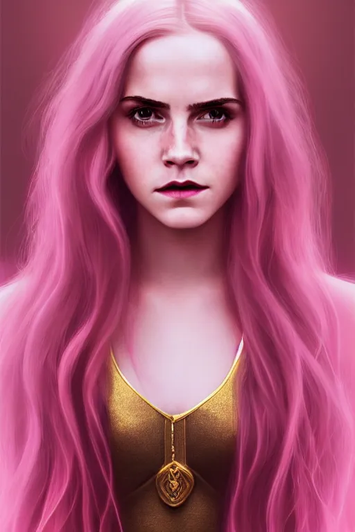 Image similar to Portrait of a beautiful pale skin Nordic female Emma Watson with long pink hair, elegant, photorealistic, highly detailed, artstation, smooth, sharp focus, gold ornaments, neon lighting, sci-fi, art by Klimt.