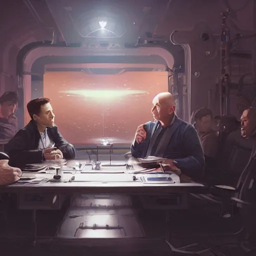 Image similar to illustration of a meeting between elon musk, mark zuckenberg, jeff bezos, very clear face, high quality, very detailled, by artgem, greg rutkowski, ruan jia