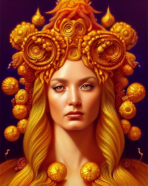 Image similar to portrait of the goddess of golden fire, unusual beauty, flowers and plants, emotionally evoking symbolic metaphors, head in focus, fantasy, ornamental, intricate, elegant, sensual, highly detailed digital painting, artstation, concept art, painterly, golden ratio, sharp focus, illustration, art by John William Godward and Boris Vallejo and Zdzisław Beksiński,