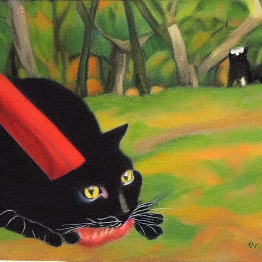 Prompt: Black cat plays with a red cat in a clearing, oil painting