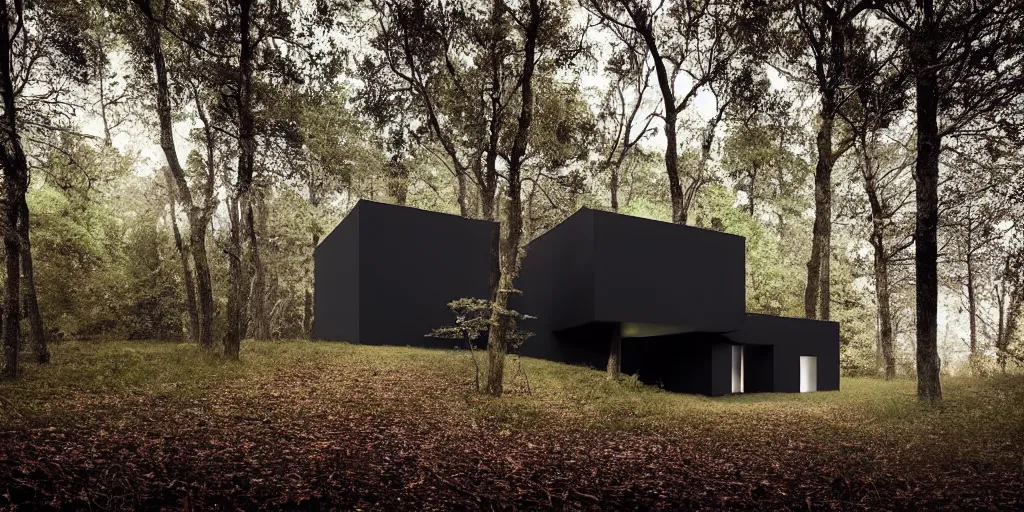 Image similar to a black cube minimalist house in the woods and empty woods, 8k, fantasy, hyper realistic, dramatic lighting, cinematic in ispahan