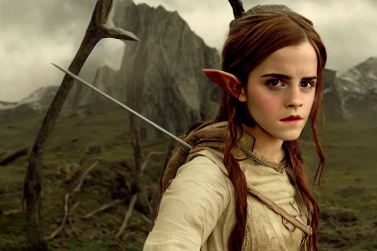 Image similar to emma watson plays an elf in the lord of the rings return of the king, highly detailed, cinematic lighting, 4 k, arricam studio 3 5 mm film camera, kodak 5 2 7 9 ( tungsten - balanced ) film stock