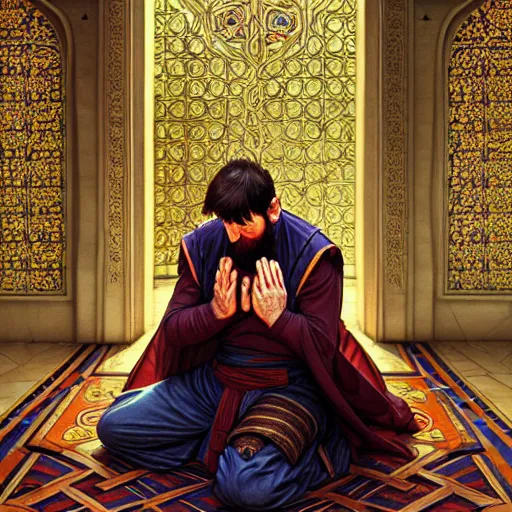 Prompt: lionel messi praying in a mosque, d & d style, fantasy, intricate, elegant, highly detailed, digital painting, artstation, concept art, matte, sharp focus, illustration, art by artgerm and greg rutkowski and alphonse mucha