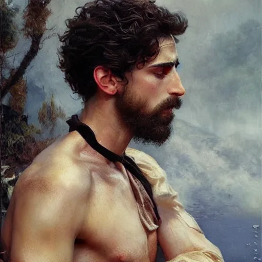 Prompt: detailed realistic cinematic wide shot of beautiful attractive muscular timothee chalamet black beard white hair military clothes slim face symettrical face clean skin black eyes black robe smooth, sharp focus, ultra realistic, spring light, painting by gaston bussiere, craig mullins, j. c. leyendecker
