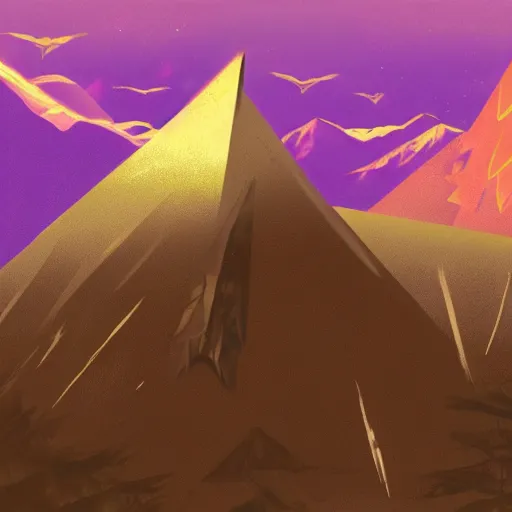 Prompt: concept art of a movie about illuminati, purple mountains in the background and all - seeing eye in the foreground, professional drawing, highly detailed, award winning digital art