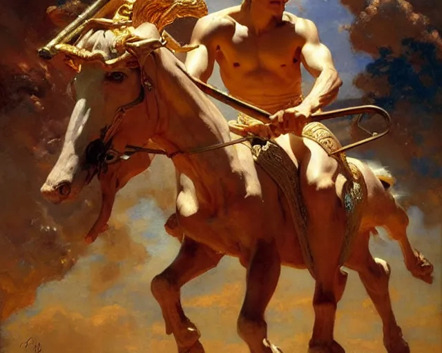 Image similar to attractive apollo greek god, riding his fire chariot. highly detailed painting by gaston bussiere, craig mullins, j. c. leyendecker 8 k