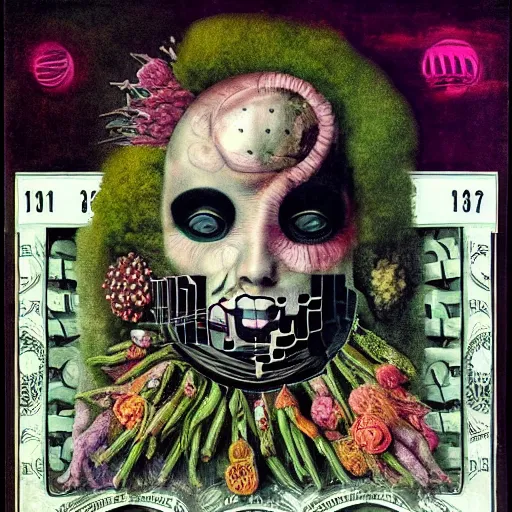 Image similar to post - punk new age album cover, asymmetrical design, dollar bank notes, capitalism, magic, apocalypse, psychedelic, black white pink, magic, giger h. r., giuseppe arcimboldo