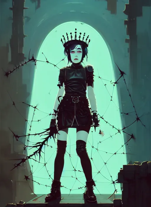 Image similar to cute goth maiden girl with crown of thorns and white short hairs, dressed in leather belts, warhammer, cyberpunk, by atey ghailan, by greg rutkowski, by greg tocchini, by james gilleard, by joe gb fenton, by kaethe butcher, dynamic lighting, gradient light blue, brown, blonde cream and white color in scheme, grunge aesthetic