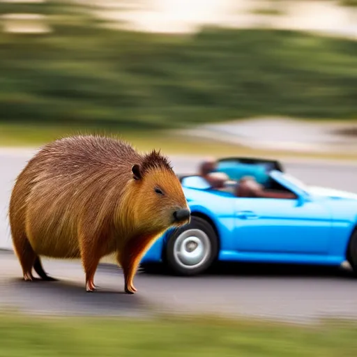 Prompt: A highly detailed photograph of a capybara driving a blue convertible sports car at high speeds