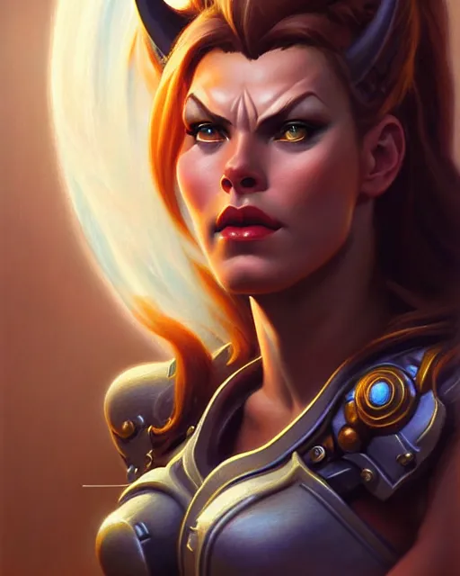 Image similar to brigitte from overwatch, fantasy, fantasy art, character portrait, portrait, close up, highly detailed, intricate detail, amazing detail, sharp focus, vintage fantasy art, vintage sci - fi art, radiant light, caustics, by boris vallejo