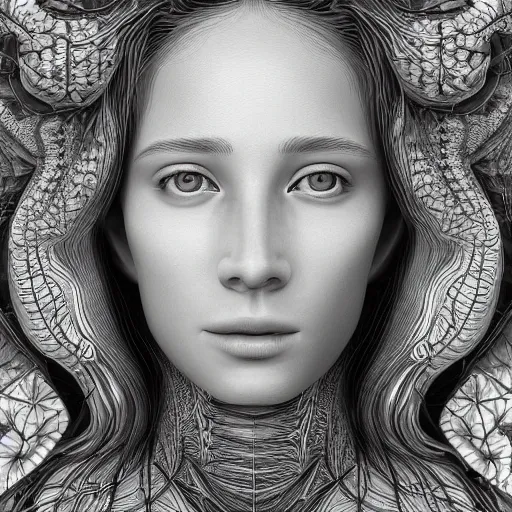 Image similar to hyper detailed bw linear pencil drawing, woman portrait, organic symmetric shapes by ernst haeckel, unreal engine