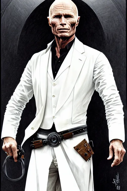 Image similar to ed harris as the man in black, westworld, wearing an all white outfit in the style of art by artgerm and greg rutkowski and alphonse mucha