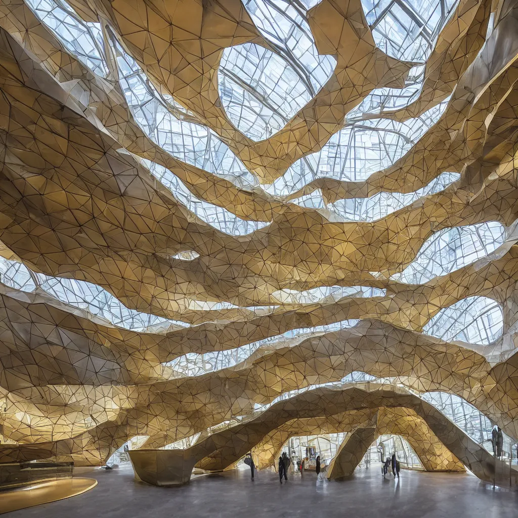 Image similar to “ the interior atrium hall of the museum of emotions designed by highly sculptural hyperbolic boolean surfaces, a sculptural staircase done in gold floats up to a skylight, highly detailed in 4 k ”