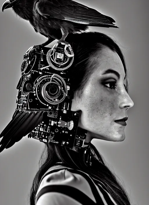 Image similar to a profile portrait, a stunning young woman - cyborg with a mutant crow head, editorial photography, bw, shot on 7 0 mm, depth of field, f / 2. 8, high contrast, 1 6 k, volumetric lighting, shiny, insanely detailed and intricate, hypermaximalist, elegant, ornate, hyper realistic, super detailed