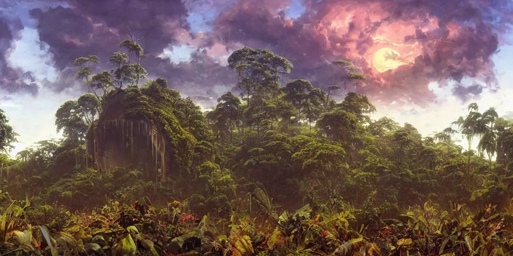 Prompt: giant stolen statue of ibertys head is abandoned lying sideways on the ground reclaimed in a jungle .surrounded by tall vines in oversized jungle, moody sunset and dramatic sky , oil painting by frazetta, low angle, postapocalyptic, cinemascope panorama