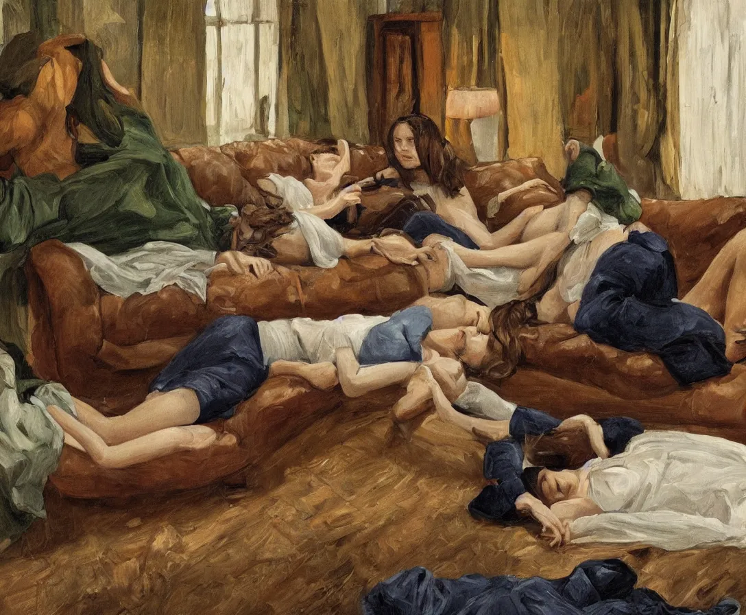 Prompt: portrait of bella and esther lying horizontal, in an old english apartment on a brown leather sofa. one is wearing a dark blue sweather, the other a white shirt. brown hair, they are looking into the camera. wide shot. in the style of lucien freud. oil painting. green mood. isometric perspective