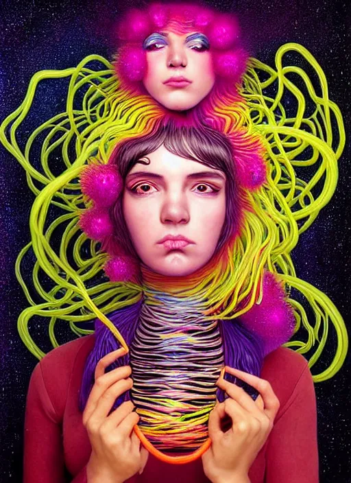 Image similar to hyper detailed 3d render like a Oil painting - Ramona Flowers with wavy black hair wearing thick mascara seen out Eating of the Strangling network of colorful yellowcake and aerochrome and milky Fruit around her neck and Her staring intensely delicate Hands hold of gossamer polyp blossoms bring iridescent fungal flowers whose spores black the foolish stars by Jacek Yerka, Mariusz Lewandowski, silly playful fun face, Houdini algorithmic generative render, Abstract brush strokes, Masterpiece, Edward Hopper and James Gilleard, Zdzislaw Beksinski, Mark Ryden, Wolfgang Lettl, Dan Hiller, hints of Yayoi Kasuma, octane render, 8k