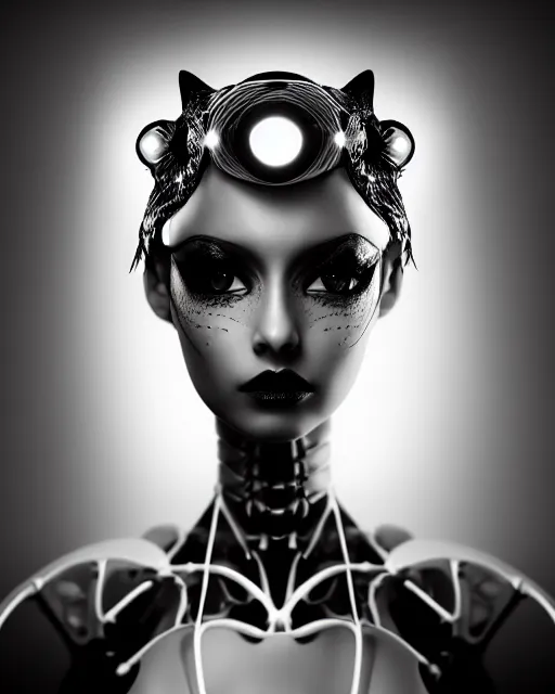 Image similar to surreal mythical dreamy dark artistic black and white fine art 3 / 4 fashion portrait photo of a young beautiful delicate female robot with orchid - owl face, rim light, cinematic, studio dramatic light, poetic, masterpiece, octane render, 8 k, photo - realistic by hg giger and man ray