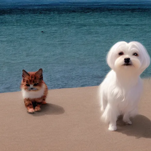 Image similar to maltese dog and calico cat on a cyberpunk beach