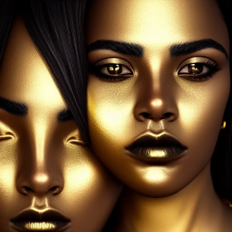 Image similar to a wonderful woman with half face black and half gold, detailed realistic, cinematic, octane rendered