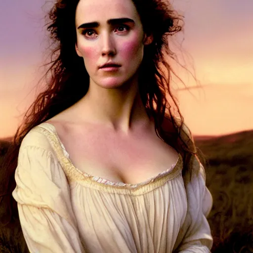 Image similar to photographic portrait of a stunningly beautiful renaissance pre raphaelite female in soft dreamy light at sunset, jennifer connelly, contemporary fashion shoot, by edward robert hughes, annie leibovitz and steve mccurry, david lazar, jimmy nelsson, breathtaking, 8 k resolution, extremely detailed, beautiful, establishing shot, artistic, hyperrealistic, beautiful face, octane render