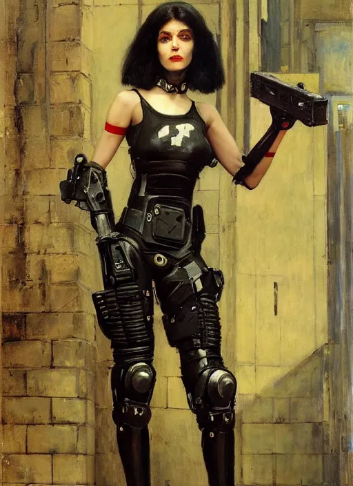 Image similar to Sgt Eliza Grim. Menacing Cyberpunk policewoman towering with robotic stilt legs and combat vest. (dystopian, police state, Cyberpunk 2077, bladerunner 2049). Iranian orientalist portrait by john william waterhouse and Edwin Longsden Long and Theodore Ralli and Nasreddine Dinet, oil on canvas. Cinematic, vivid colors, hyper realism, realistic proportions, dramatic lighting, high detail 4k