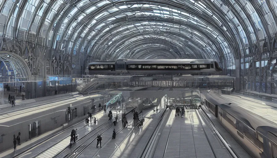 Prompt: futuristic neo - gothic berlin railway station, with glass church train station, hyperdetailed, artstation, cgsociety, 8 k