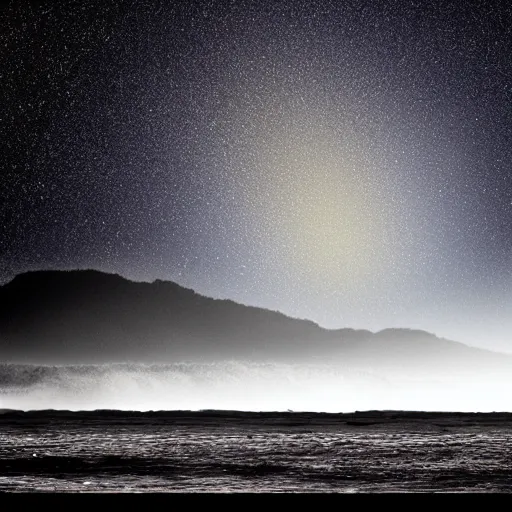 Prompt: tsunami ocean small boat background cosmic night sky in the style of Ansel Adams