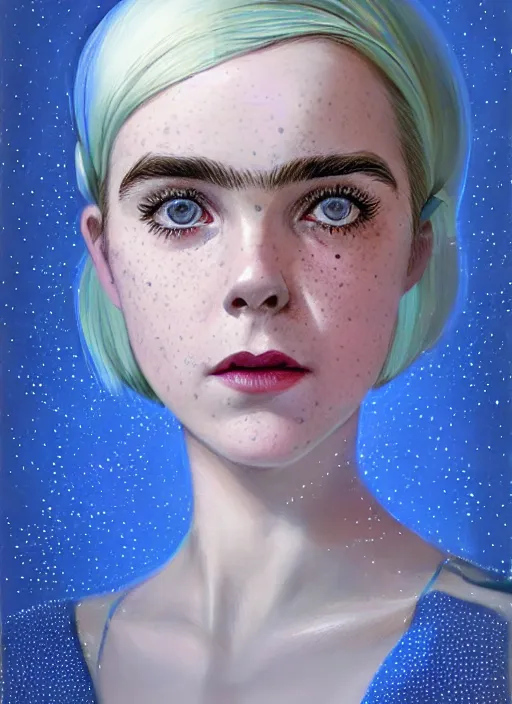 Image similar to portrait of kiernan shipka with freckles, white hair, 1 9 6 0 s bob hairstyle with bangs and hairband, blue 1 9 6 0 s dress, intricate, elegant, glowing lights, highly detailed, digital painting, artstation, concept art, smooth, sharp focus, illustration, art by wlop, mars ravelo and greg rutkowski