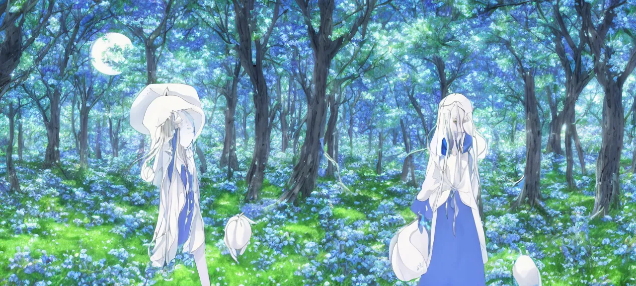 Image similar to illyasviel walking through enchanted ghibli clover | Big Moon at Blue Night | Trees with white flowers | bioluminescent blue FLOWERS | strong blue rimlit | visual-key | anime illustration | highly detailed High resolution | Light Novel | Visual Novel | In the style of Miyama-Zero, Yuuki Hagure