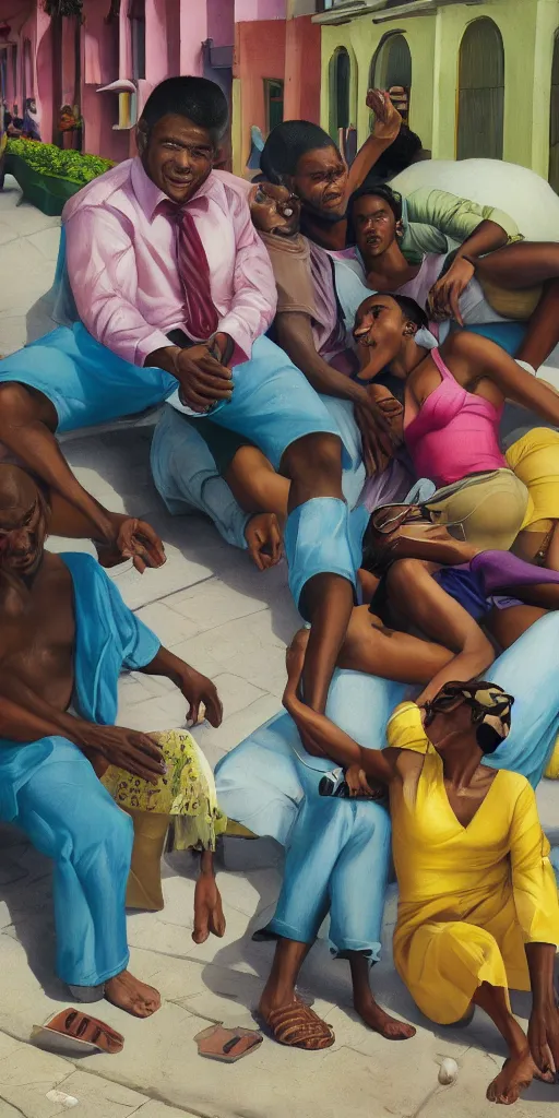 Prompt: local people having fun in the city of salvador, brazil, black people, relaxed poses, pastel colors, artwork by kadir nelson, close-up, interiors, leisure activities, close medium shot, strange vegetation, futuristic, people, cinematic lighting, moody, atmospheric, edward hopper, andrei tarkovski, trending on artstation