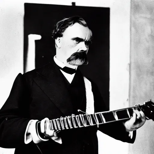 Image similar to Friedrich Nietzsche wearing an all-black outfit and playing an electric guitar in a bar, 8k, cinematic