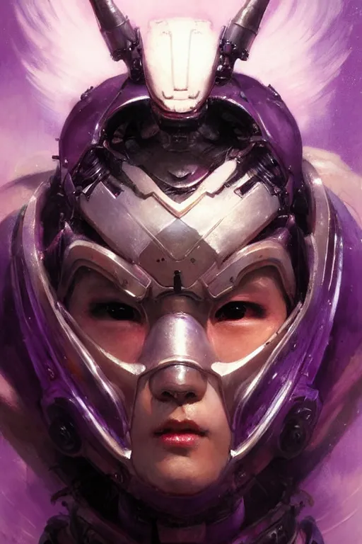 Image similar to extreme close up, facial portrait, half - chinese woman with a long black ponytail in purple sci - fi armor, wearing a kitsune mask, mechanical armor, cybernetic hands, striking pose, portrait dnd, painting by gaston bussiere, craig mullins, greg rutkowski, yoji shinkawa