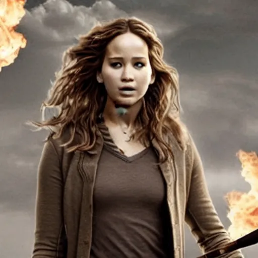 Image similar to jennifer lawrence as hermione granger with a wand in her hand before in combat