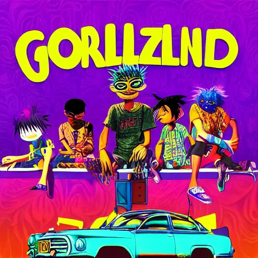 Prompt: album cover for the band gorillaz, by lisa frank, hypersaturated, various colors, ultra detailed, 8 k