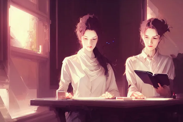 Prompt: portrait of two wise and very beautiful women discussing some texts appearing in a computer screen, art by guweiz and greg rutkowski, intricate, elegant, highly detailed, smooth, sharp focus, artstation