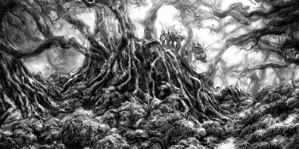 Prompt: illustration of a fantasy forest on the mountanside, monochrome, manga style, by Kentaro Miura, sharp, dramatic lighting
