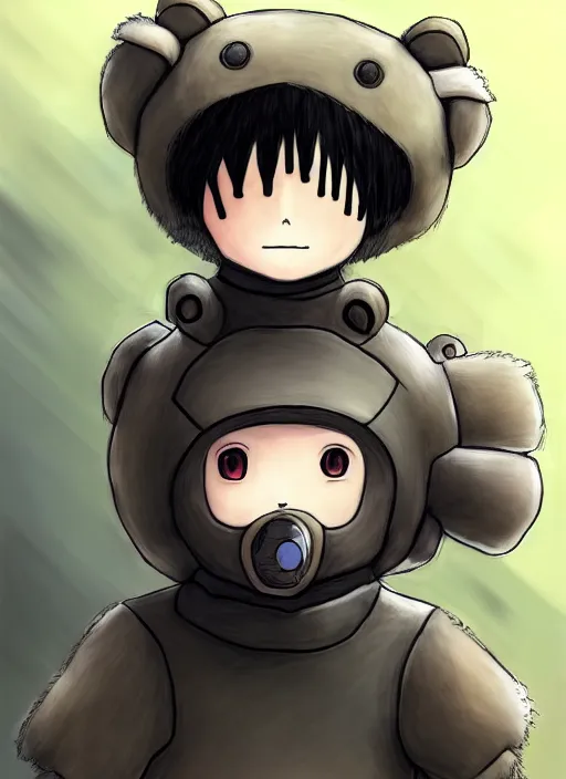 Image similar to beautiful little boy wearing an cyborg bear suit, artwork in kentaro miura and made in abyss and rosdraws, smooth, beautiful lightness, anatomically correct, trending on pixiv, forest