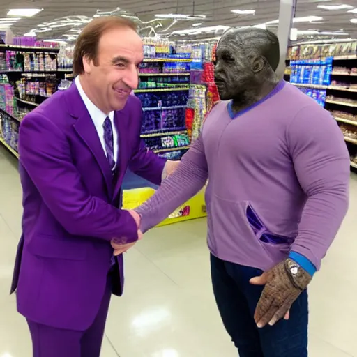Prompt: saul goodman shaking hands with purple thanos at a walmart